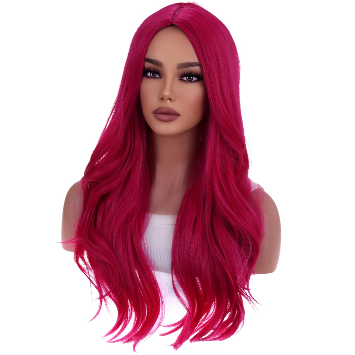 WTHCOS Hot Pink Wigs for Women Girls Middle Part Wig Long Pink Wig Heat Resistant Synthetic Curly Wavy Wigs for Cosplay Costume Party