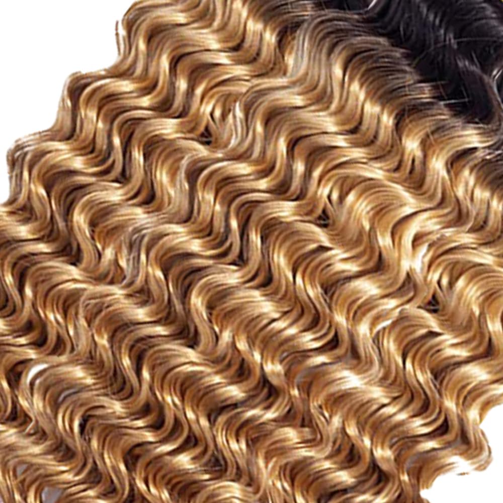 26 28 30 Inch Blonde Deep Wave Bundles Ombre Human Hair Bundles 2 Tone Black and Honey Blonde Bundle Peruvian Grade 8A Virgin Hair Extensions 1B/27 Deep Wave Hair Weave