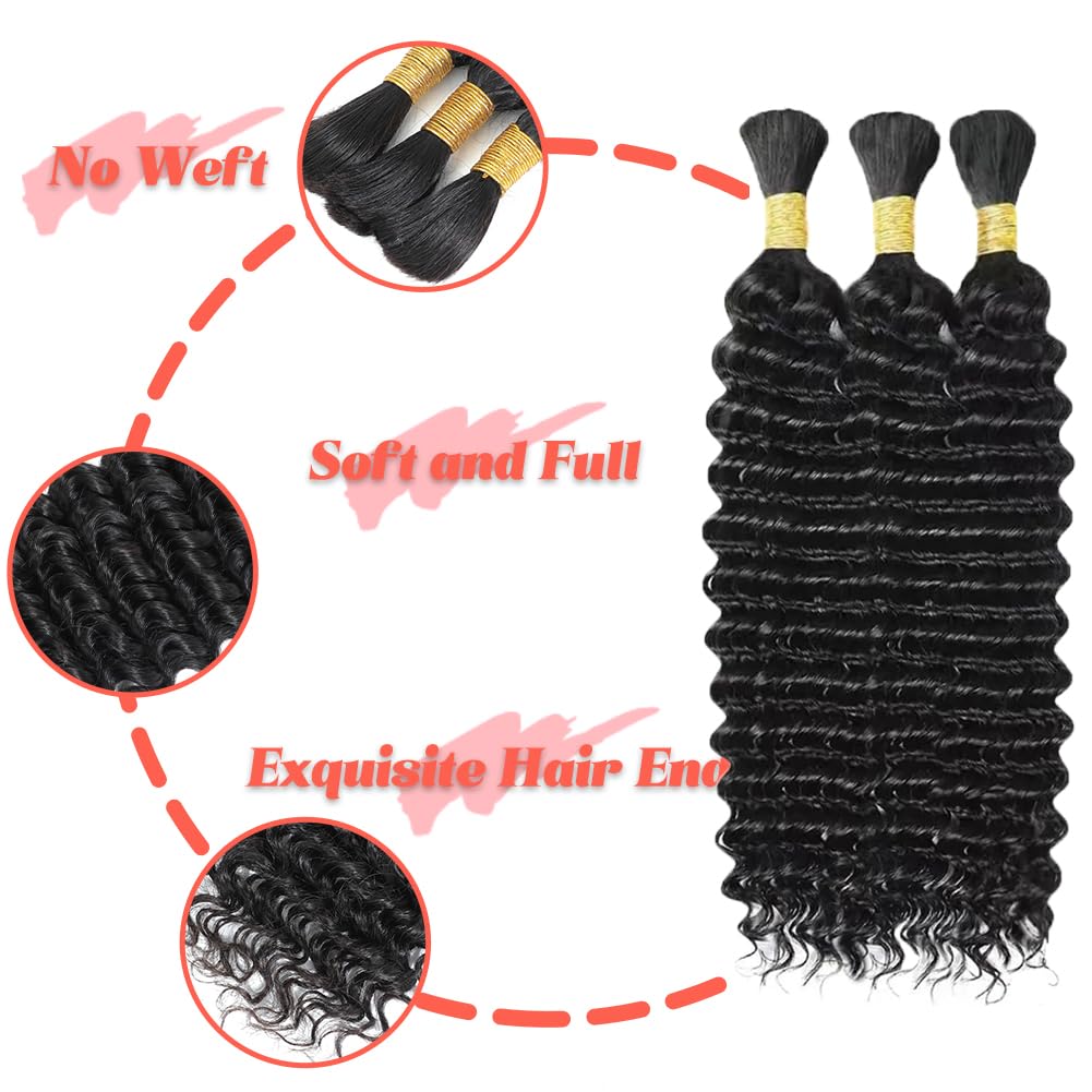 Human Braiding Hair for Boho Braids Human Hair 20 Inch 150g Deep Wave Bulk for Braiding No Weft 12A Wet and Wavy 3 Bundles Human Hair for Boho Knotless Braids