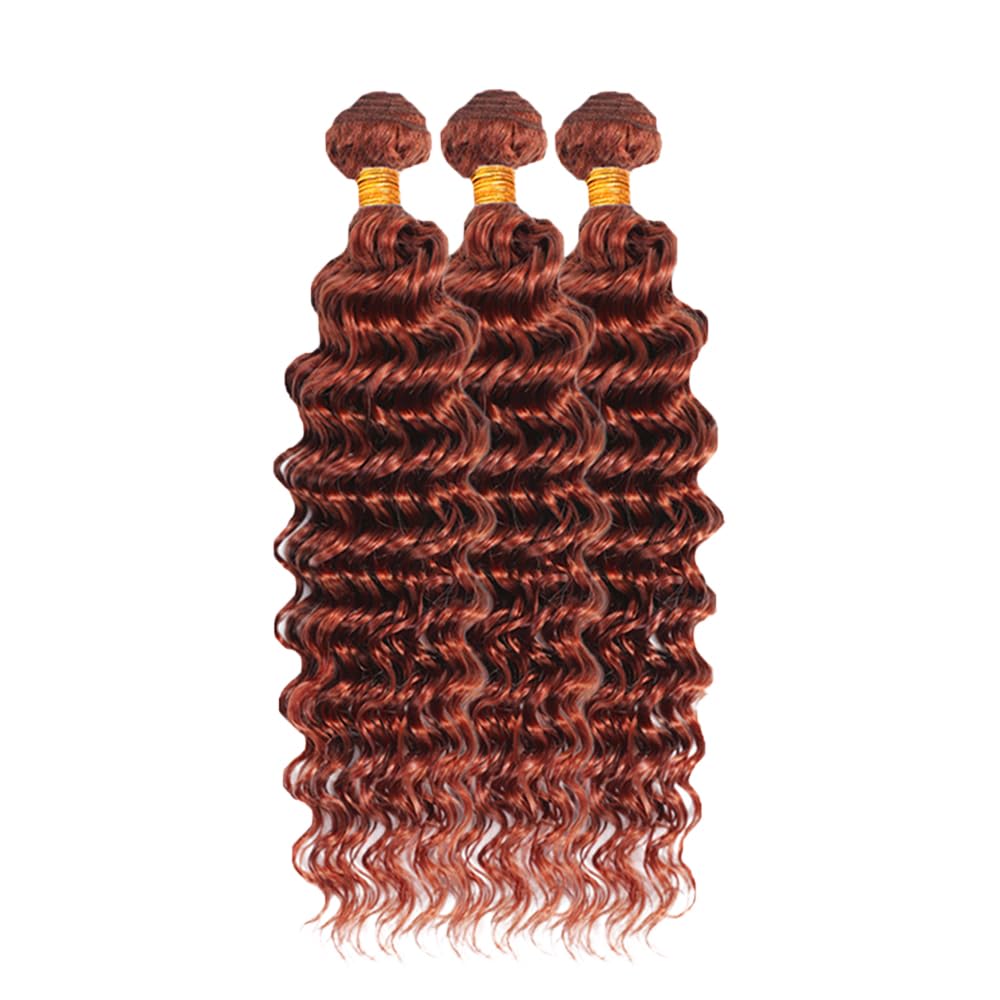 Reddish Brown Deep Wave Bundles Color #33 Human Hair Bundles Unprocessed Brazilian Virgin Reddish Brown Deep Wave 3 Bundles 14 14 14 Inch Double Weft Color #33 Bundles Human Hair