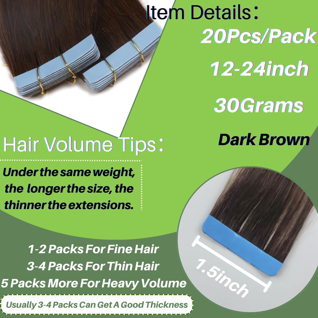 Dark Brown Tape in Hair Extensions Human Hair for Women Invisible Remy Human Hair Extensions Tape in Hair