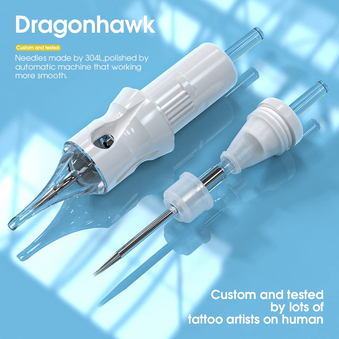 Dragonhawk Tattoo Needles Cartridges, 1005RLT Round Liner Tight Long Taper, 50 Count Needles Kit, Membrane Transparent for Pro Aritsts