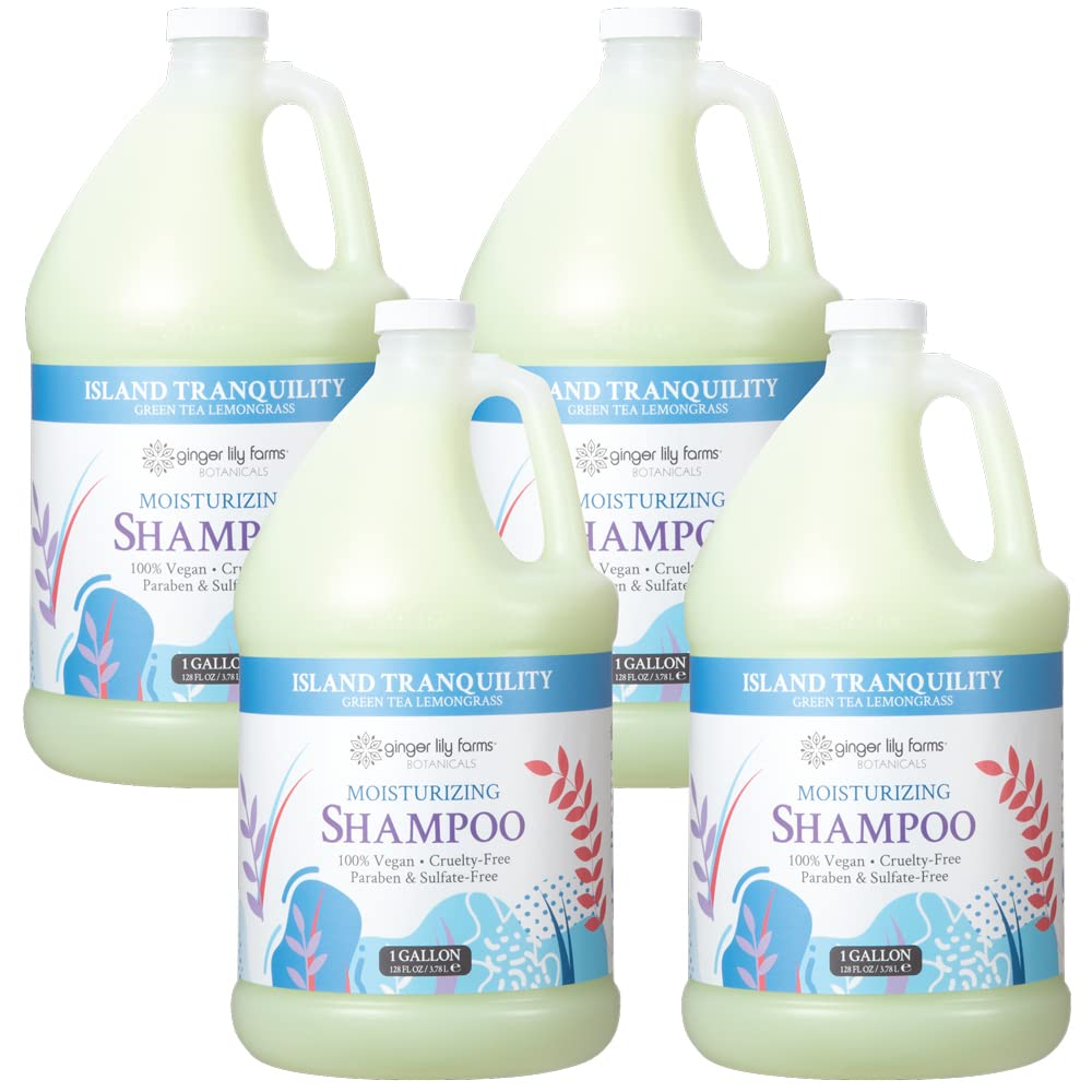 Ginger Lily Farms Botanicals Moisturizing Shampoo for All Hair Types, Island Tranquility, 100% Vegan & Cruelty-Free, Green Tea Lemongrass Scent, 1 Gallon Refill (Pack of 4)