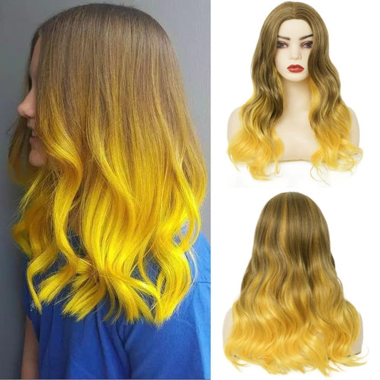 Amnenl Yellow Ombre Long Wavy Wigs for Women Brown Curly Natural Looking Wig Synthetic Middle Part Hair Wig for Daily Use