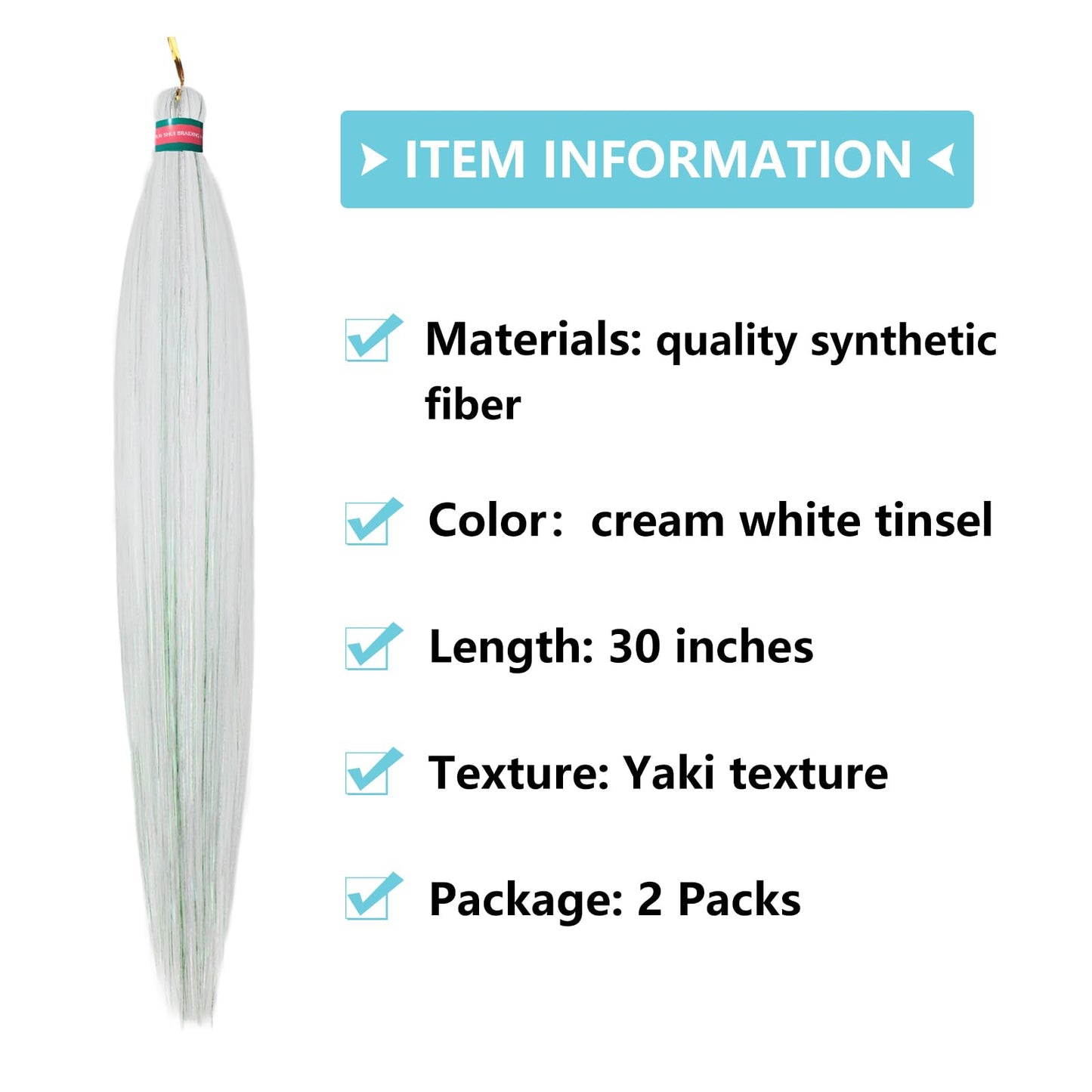 RUN SHUI Cream White Mix Tinsel Pre stretched Braiding Hair 2 Packs Pre feathered Braid Hair Extensions 30 Inches Hair Braids