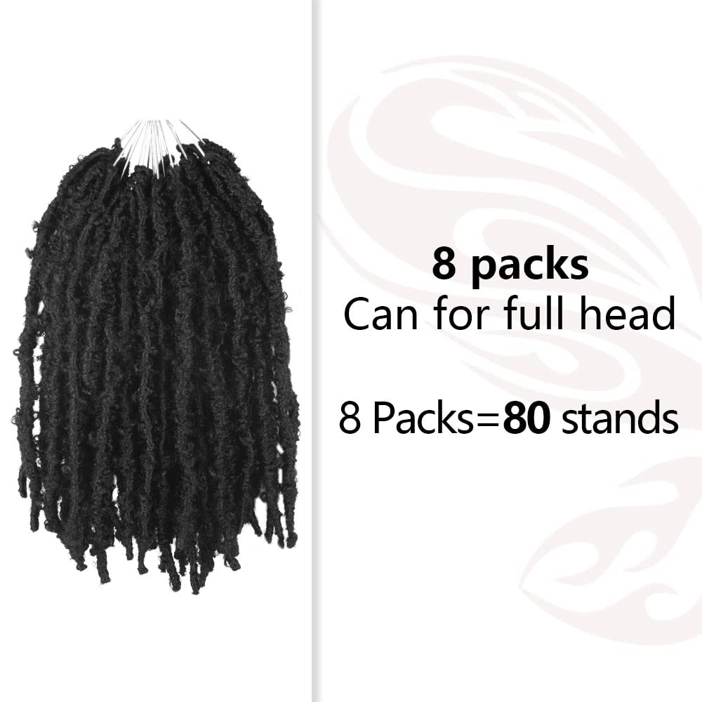 NISEYO NU Short Pre-looped Butterfly Locs Crochet Hair 16 Inch 8 Packs Light Weight & Soft Distressed Locs,1B(Natural Black)