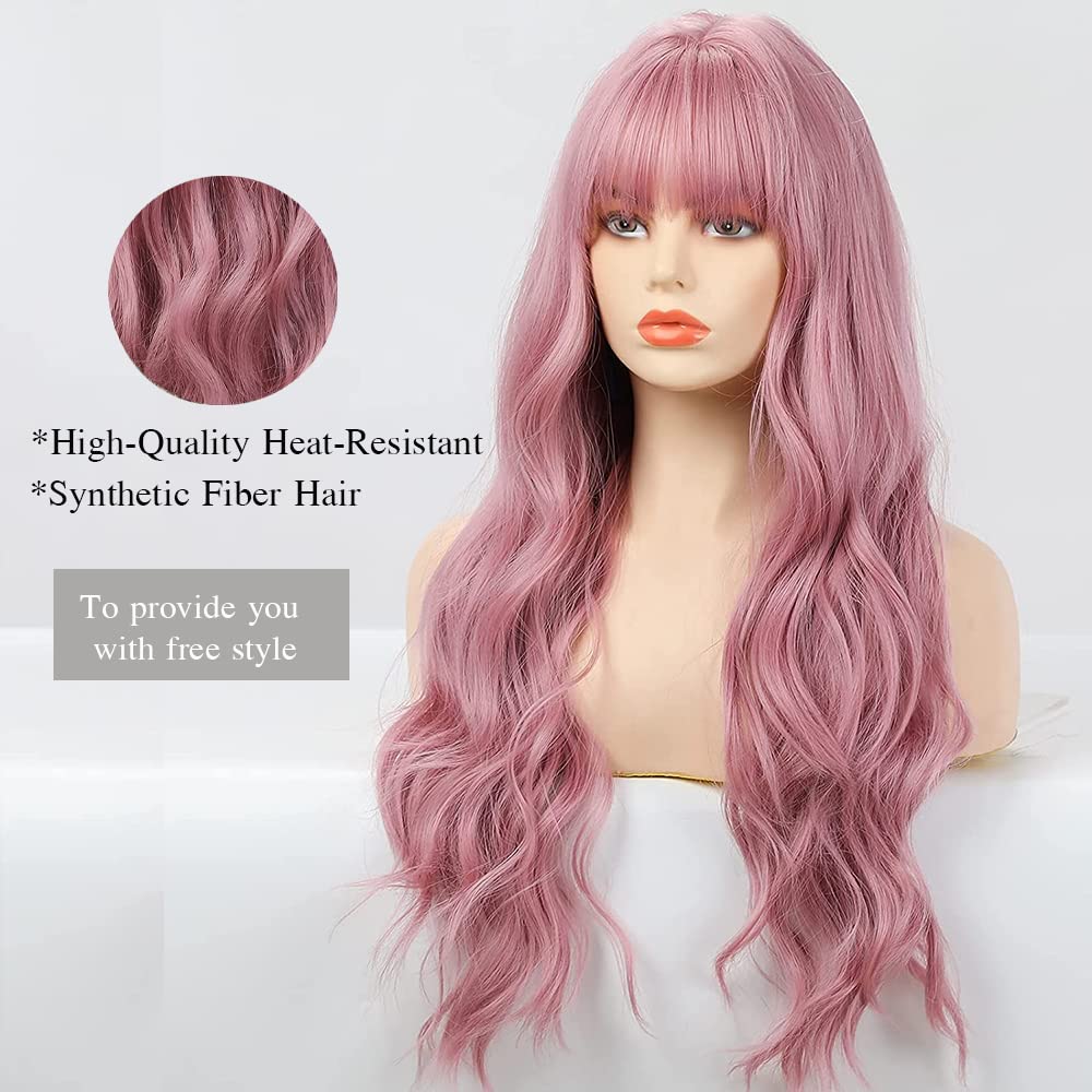 Esmee 26 Inches Long Pink Wig with Bangs Natural Synthetic Hair Wavy Wigs for Women Daily Party Cosplay Wear
