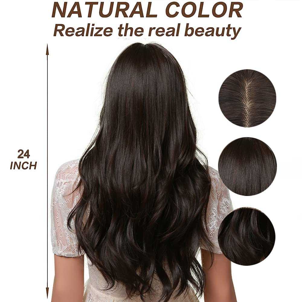 Esmee 24" Long Brown Color Synthetic Natural Wave Wigs with Neat Bangs for White/Black Women Party Wear.