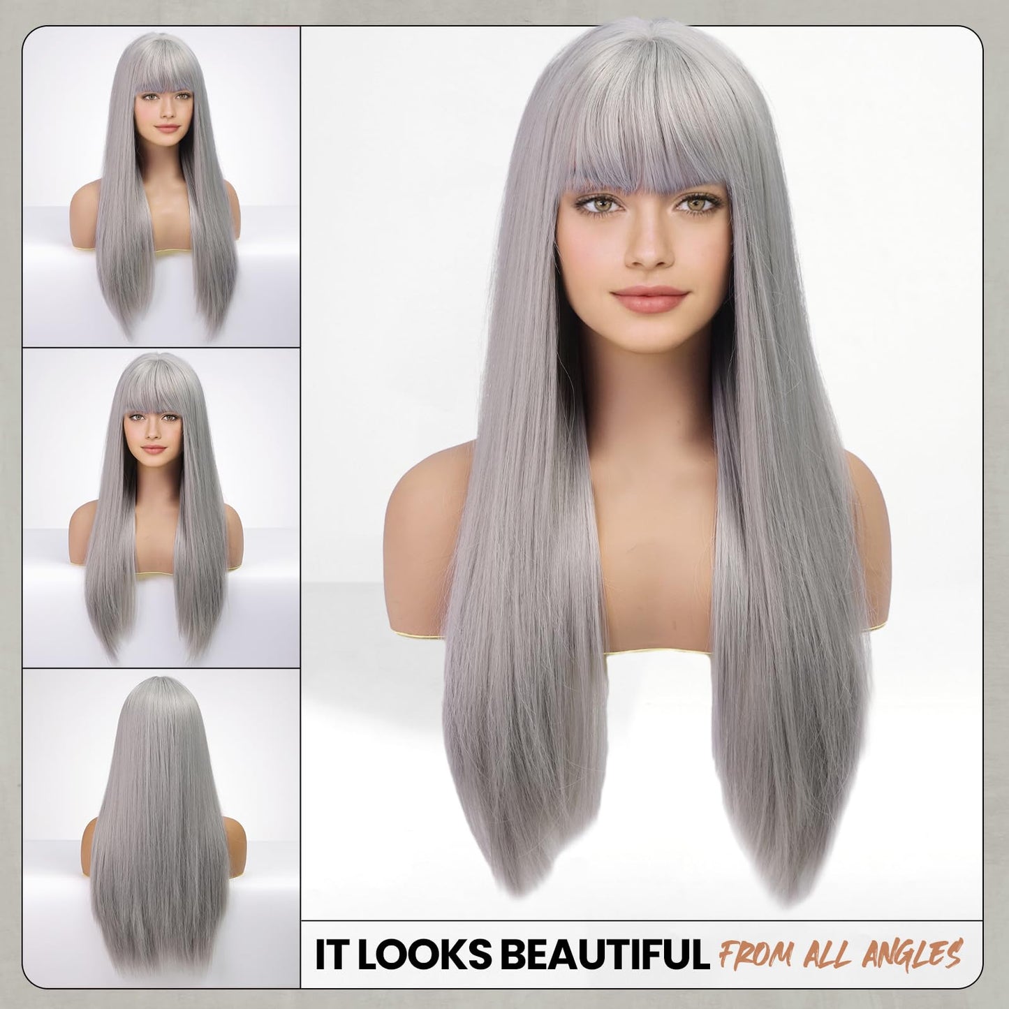 EMMOR Grey Wig With Bangs For Women Long Straight Wigs Synthetic Layered Hairstyle For Girls Party Cosplay And Daily Use(26" Silver Grey)