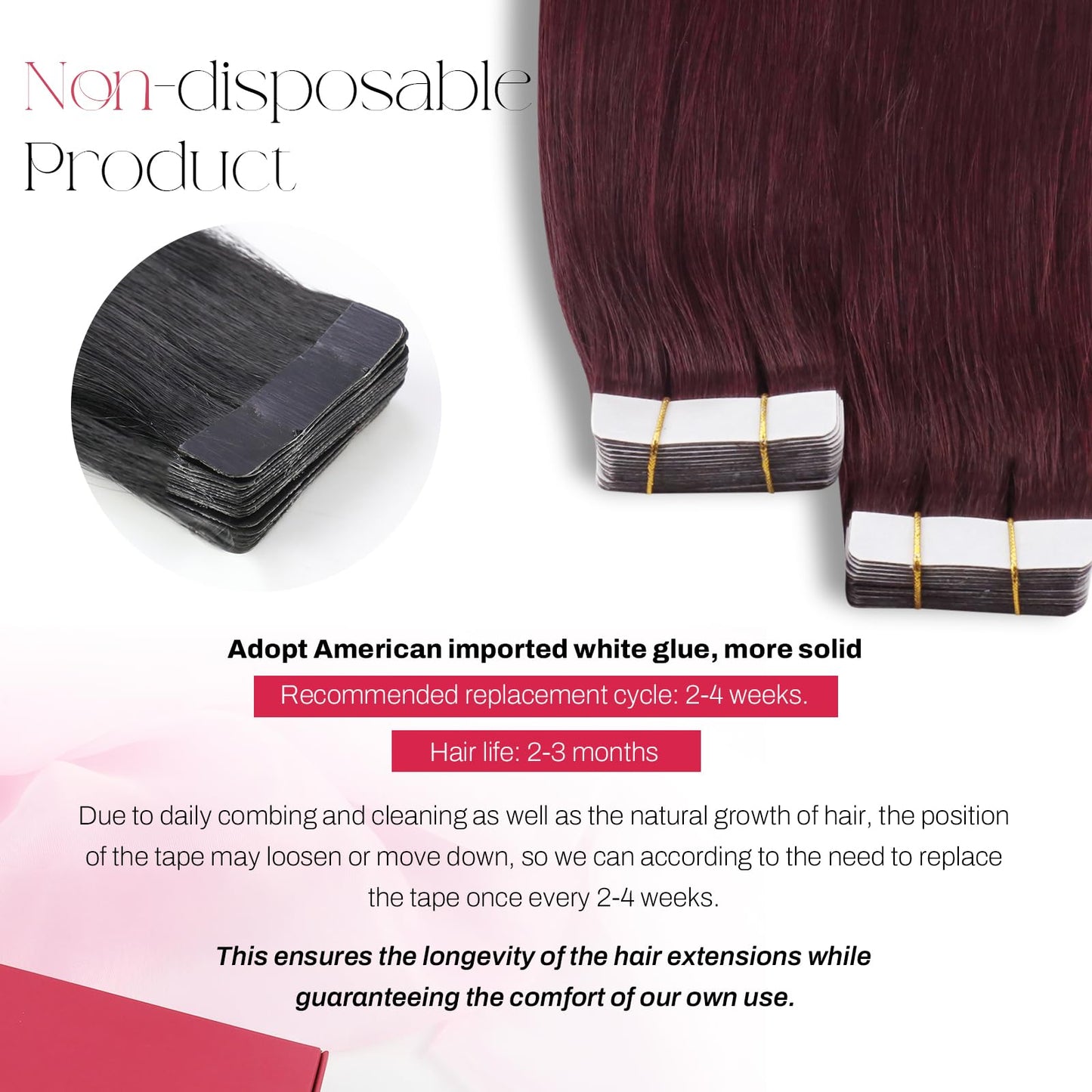 Moresoo Wine Red Tape in Hair Extensions Real Human Hair Tape in Extensions Burgundy Hair Extensions Human Hair Tape in Seamless Human Hair Extensions 10 Inch #99J 20pcs 30g