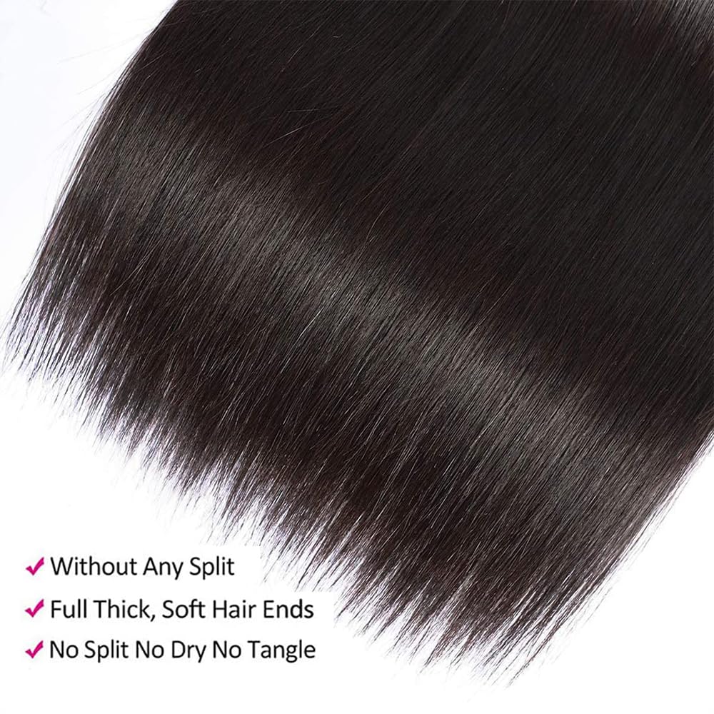 MIRONICA Straight Human Hair Bundles with Closure 26 28 30 + 24 Brazilian 3 Bundles Deals Human Hair with 4x4 Lace Closure Free Part 12A 100% Unprocessed Virgin Double Machin Weft Hair Extensions