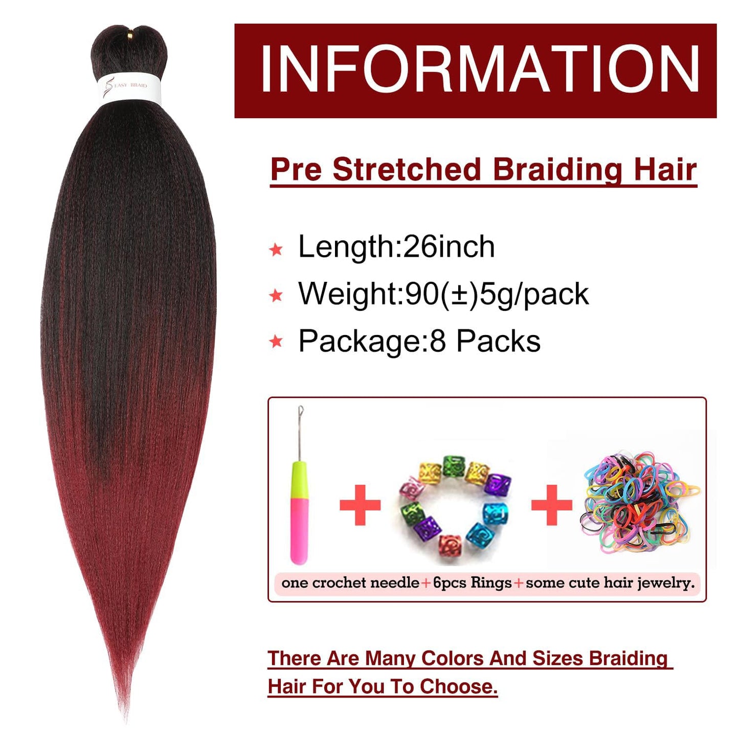 Pre-Stretched Braiding Hair Extension Ombre Black to Burgundy Professional Crochet Braiding Hair 26 Inch 8 Packs Hot Water Setting Perm Yaki Synthetic Hair For Twist Braids (26inch,#1B/Bug)