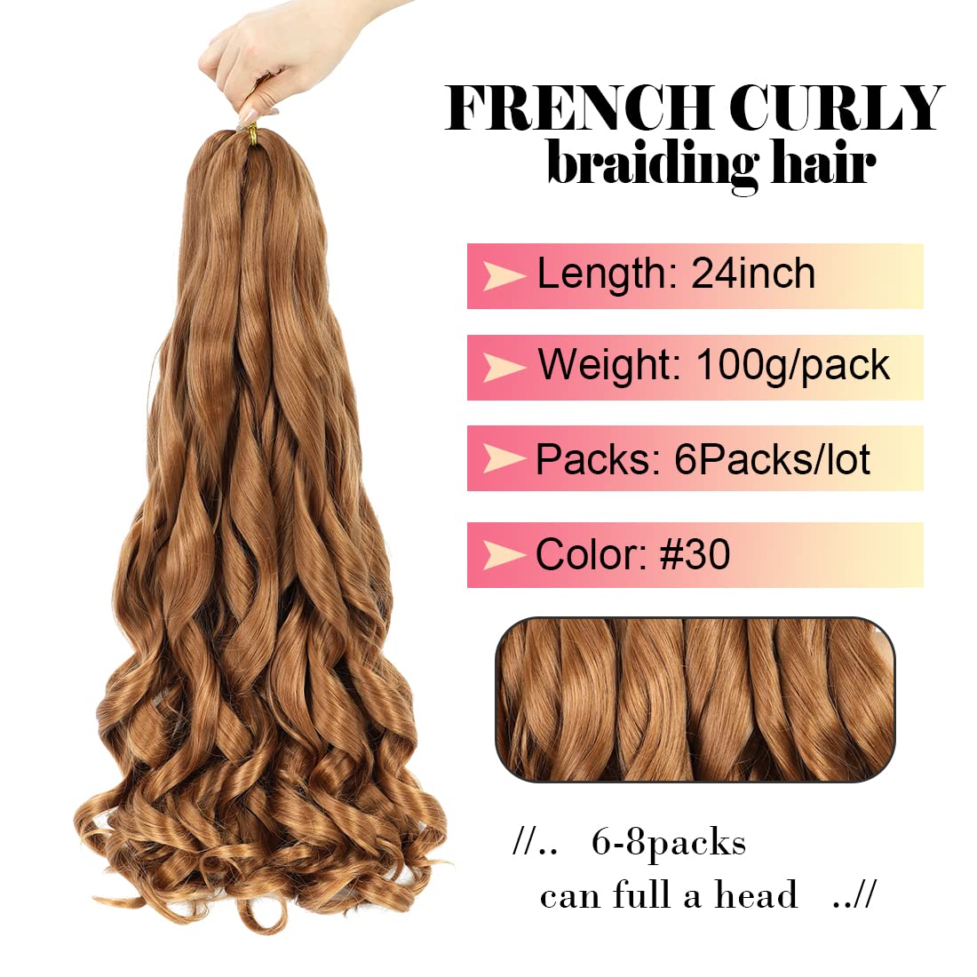 WIPPORYA Pre Stretched French Curly Braiding Hair 24 Inch 6Pcs Loose Wave Bouncy Braiding Hair Pre Stretched 100g/pack Yaki Curly Hair for Black Women Hair Extensions (#30)