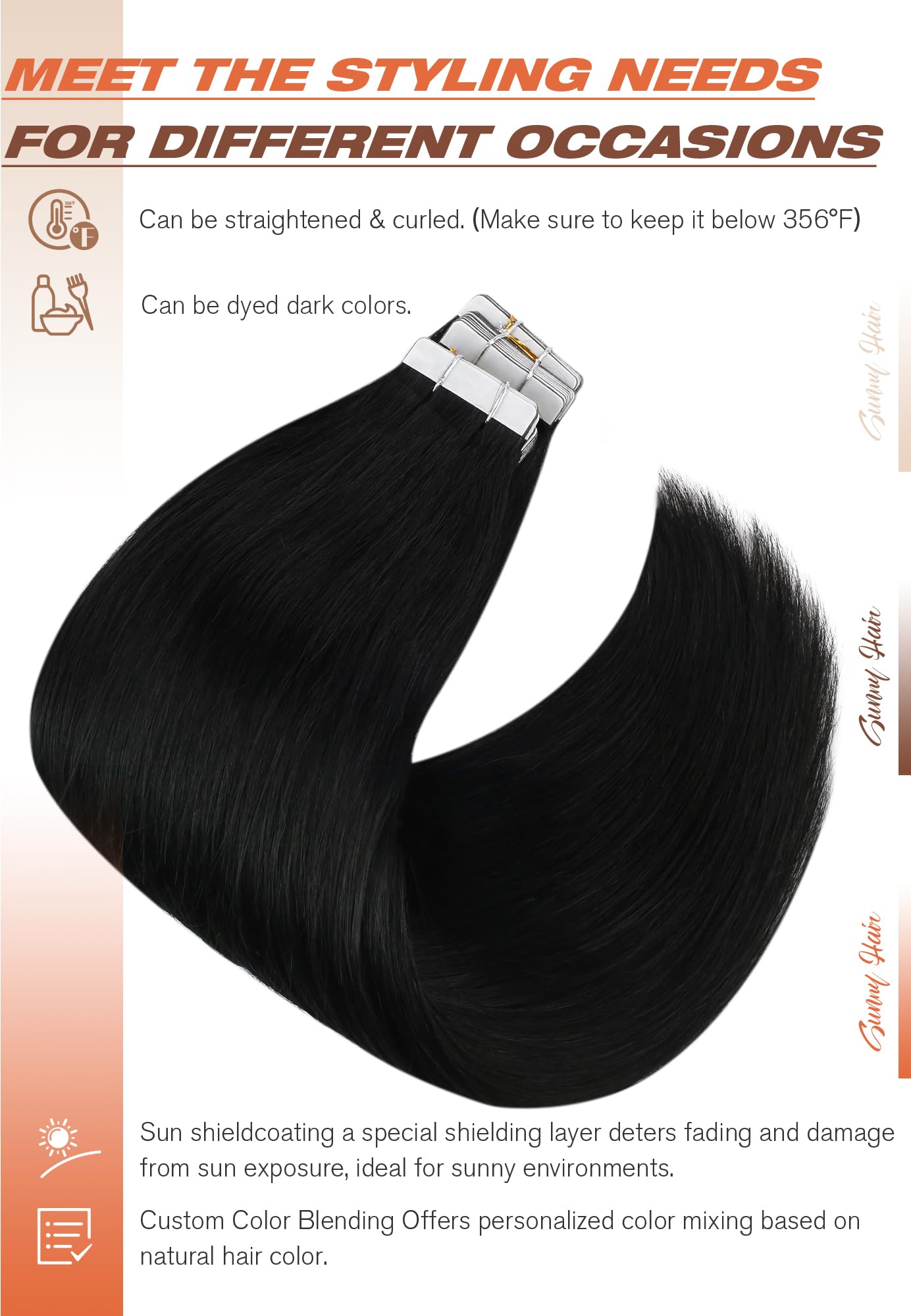 Sunny Hair Tape in Hair Extensions Real Human Hair Invisible Remy Hair Extensions Tape ins for Women Jet Black 24 inch 20Pcs 50G