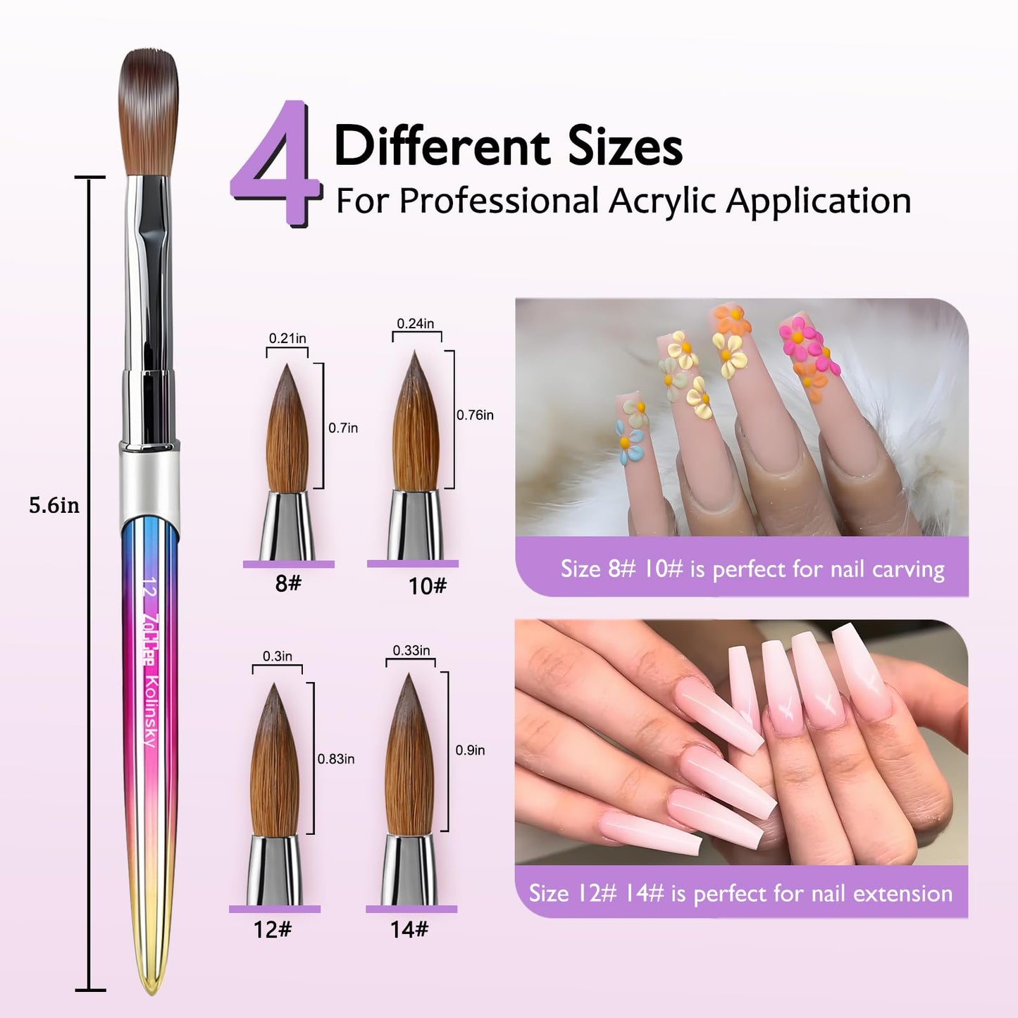 Acrylic Nail Brush Size 10-100% Kolinsky Nail Brushes for Acrylic Application - Acrylic Powder Brush for Nail Art - Nail Brush Acrylic for Professional Manicure DIY Home Salon (Gradient)