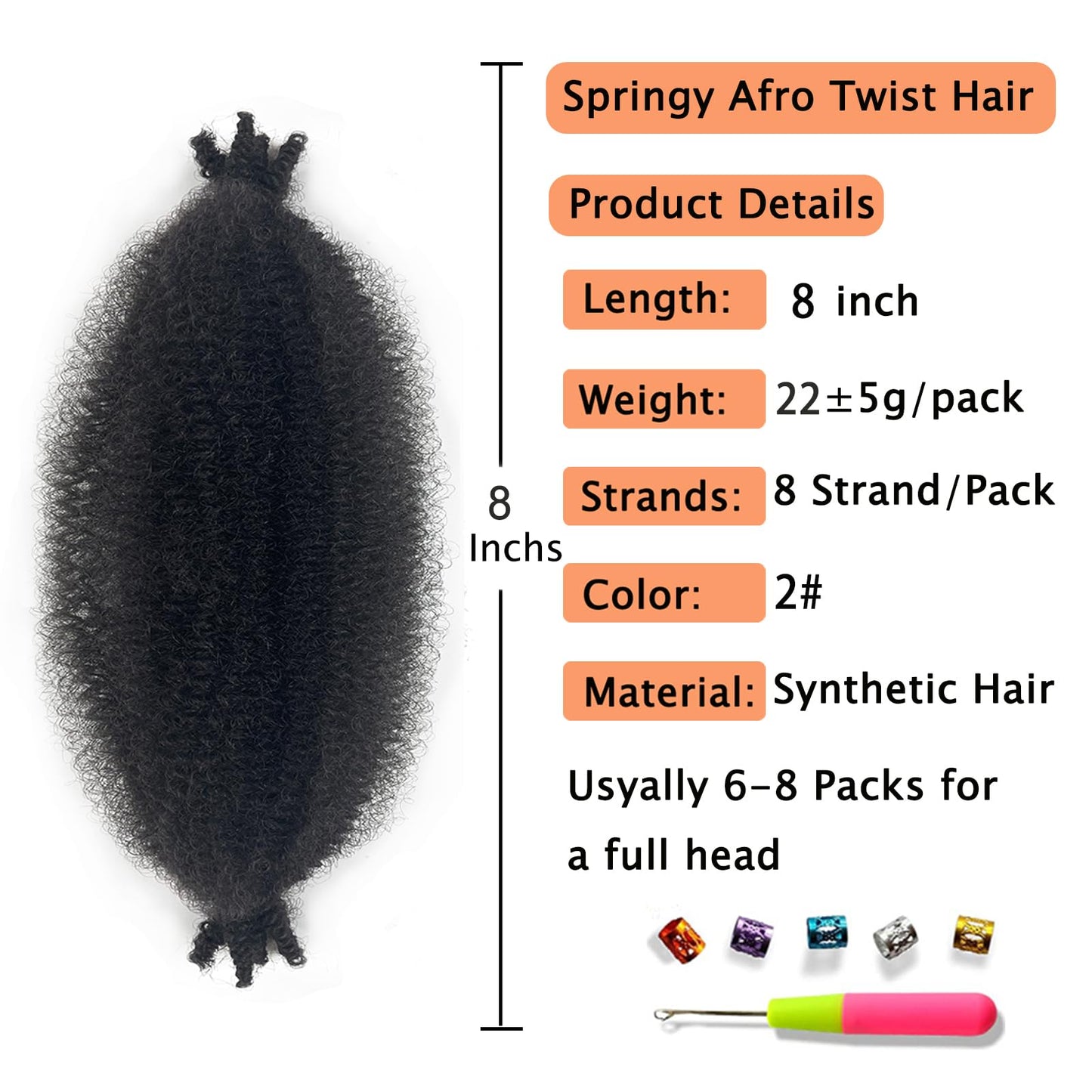 Marley Twist Braiding Hair 8 Inch Pre-Separated Springy Afro Twist Hair Kinky Twist Crochet Hair Braids for Distressed Soft Locs Spring Twist Hair for Black Women (2#, 8 Inch(Pack of 3))