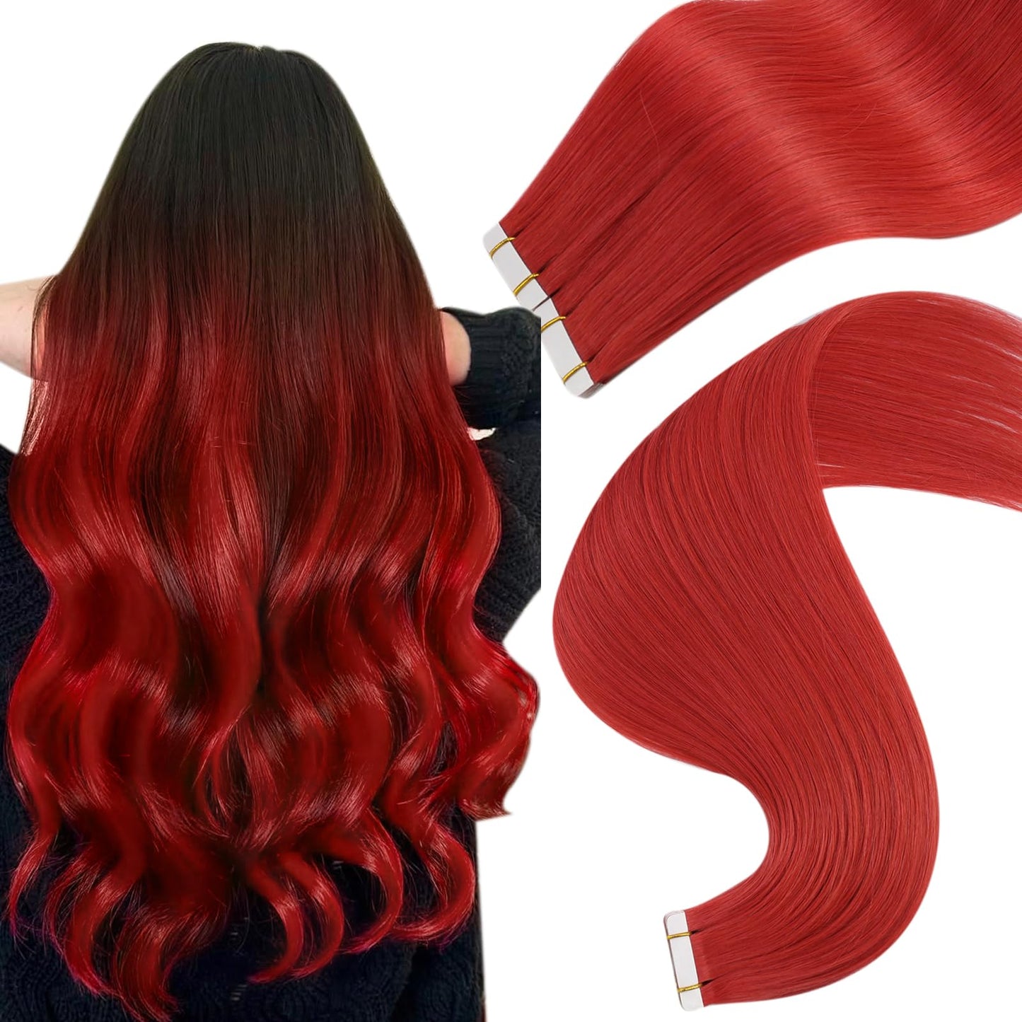 Easyouth Human Hair Tape in Extensions Red Tape in Hair Extensions Human Hair Red Tape ins Human Hair Extensions Colorful Hair Extension Real Human Hair Tape ins 18Inch 50g 20pcs Diy Hair Extension