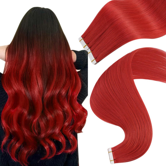 Easyouth Human Hair Tape in Extensions Red Tape in Hair Extensions Human Hair Red Tape ins Human Hair Extensions Colorful Hair Extension Real Human Hair Tape ins 18Inch 50g 20pcs Diy Hair Extension
