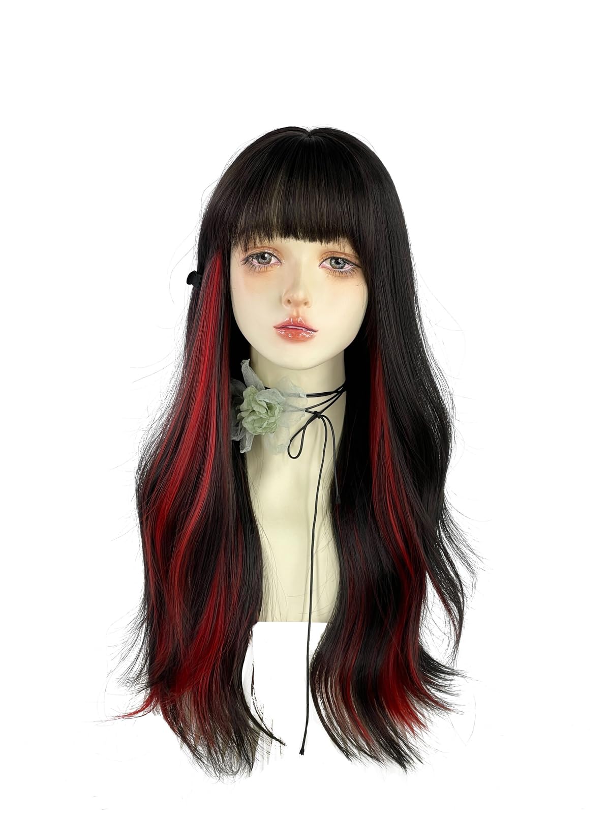 WKLOUYHE Long Wavy Wig for Women Synthetic Curly Wig with Bangs Fibre Cosplay Wig for Girls Daily Use Colorful Wigs (Black+Red)