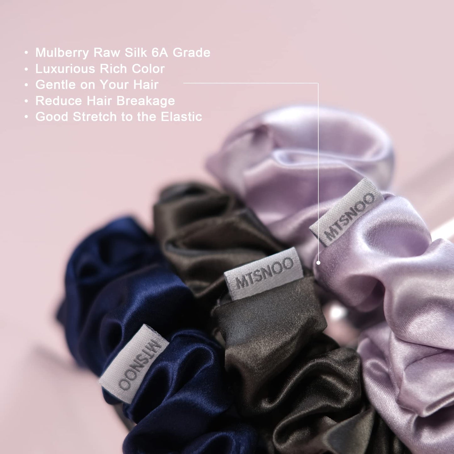 MTSNOO Silk Scrunchies, 3 Count, 100% Pure 22 Momme Mulberry, for Hair Sleep & Curly Hair with Elastic Band, Hair Ties Ropes Scrunchies Set for Women Girls