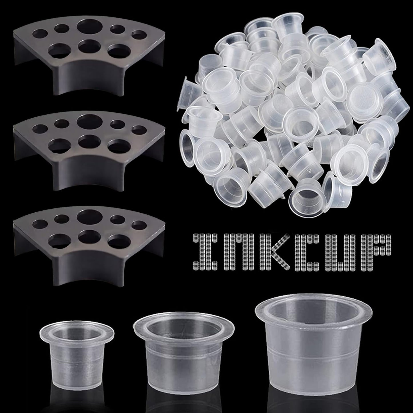 WZPB Tattoo Ink Caps with Cup Holder - 300 Mixed Size Tattoo Ink Cups 100 Small 100 Medium 100 Large with 3 Black Tattoo Ink Cap Holders Permanent Makeup Container for Tattoo Ink Tattoo Supplies