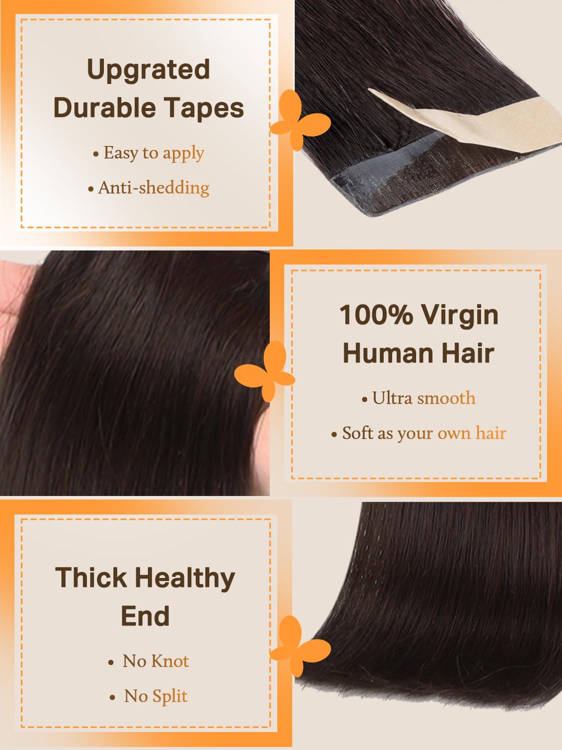 DOORES Hair Extensions Tape in 16 Inch 50g 20pcs Real Dark Brown Skin Weft Tape in Human Hair Extensions Straight Hair Extensions