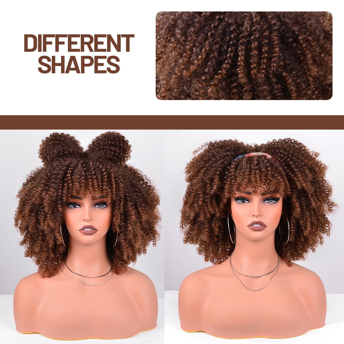 Vitorish Afro Wigs for Black Women Kinky Curly Hair Wig about 280g/Piece Afro Synthetic Full Wigs Soft and Fluffy Like a Bomb 12 Inches Short Kinky Curly Hair (Ombre Brown)
