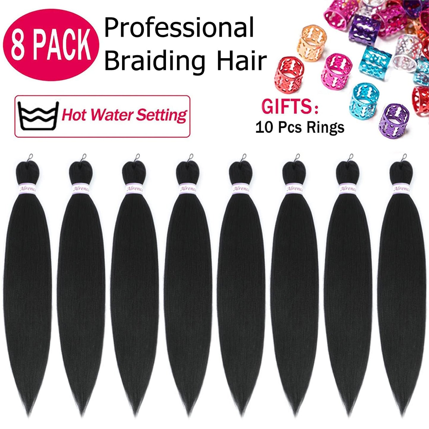 Alrence Pre Stretched Braiding Hair Long Braid 24 Inch 8 Packs Professional Braiding Hair Extensions Synthetic Crochet Twist Braids (24 Inch, 1B#)