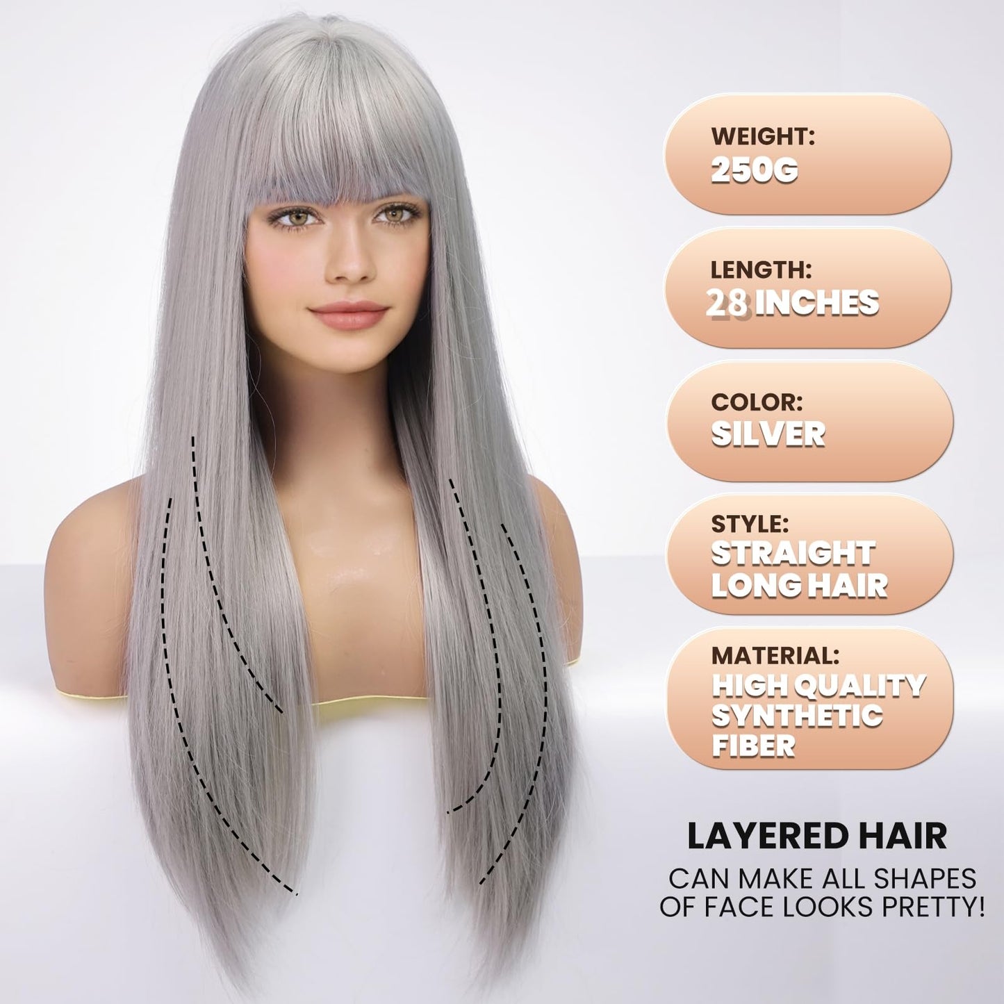 EMMOR Grey Wig With Bangs For Women Long Straight Wigs Synthetic Layered Hairstyle For Girls Party Cosplay And Daily Use(26" Silver Grey)