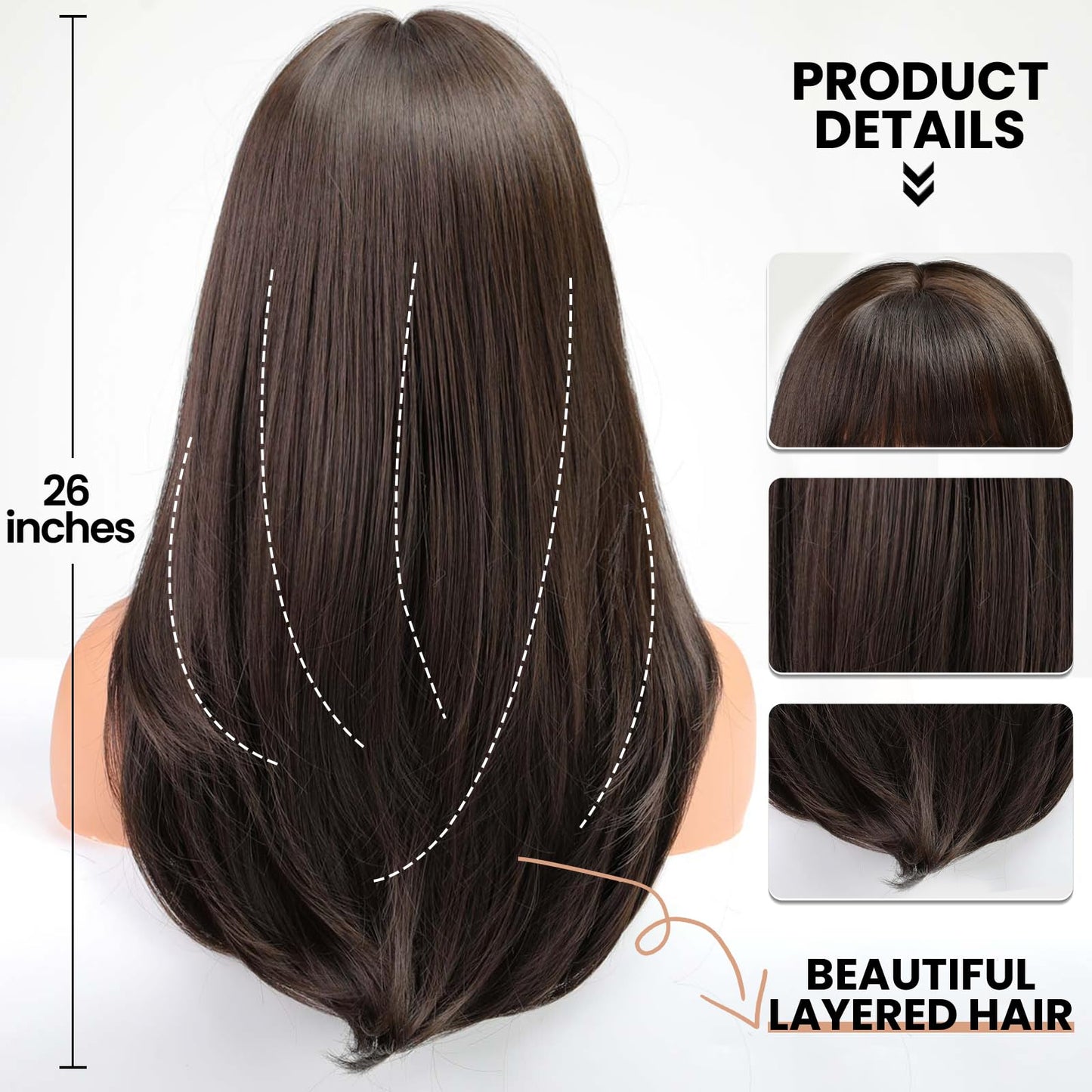 EMMOR Dark Brown Wig With Bangs For Women Long Straight Layered Wigs Synthetic Layered Hairstyle For Girls Party Cosplay And Daily Use(26" Dark Brown)