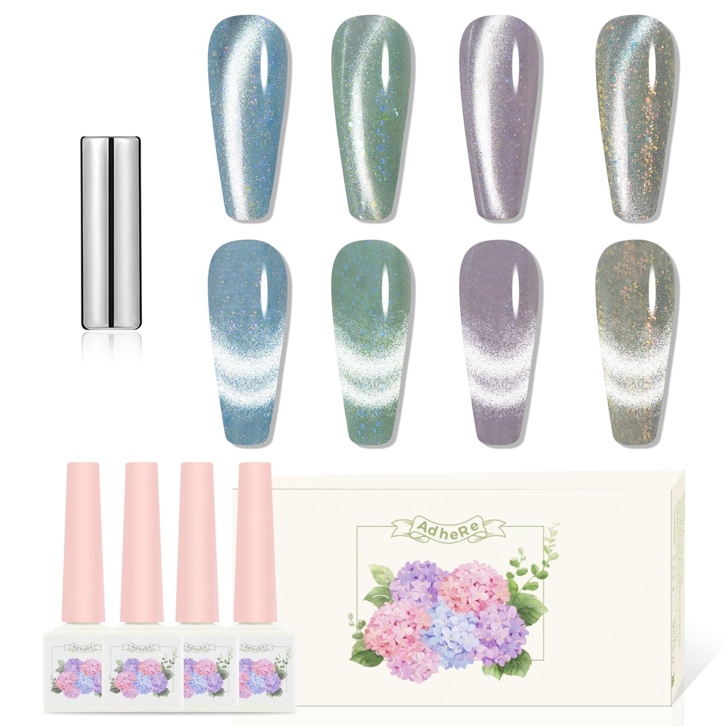 ADHERE 12ML Cat Eye Gel Polish Set, 4 Colors Holographic Glitter With Magnet, Soak Off LED Kit for Nail Art Manicure Salon DIY Gifts