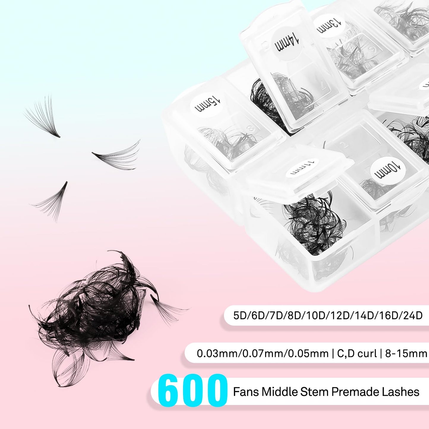 VAVALASH 600 Fans Premade Fans Eyelash Extensions 5D 6D 7D 8D 10D 12D 14D 16D 24D Premade Lash Fans 8-15mm Mixed Length Promade Loose Fans Thin Base Premade Volume Lash Extension(14D-0.03-C-8-15mm)