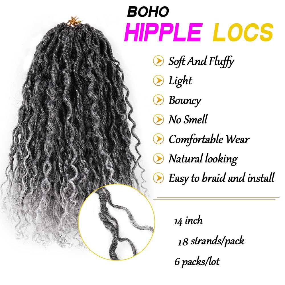 6 Packs New Goddess Curly Locs Crochet Hair 14 Inch Curly Crochet Hair Faux Locs Crochet Hair Boho Hippie Locs River locs Synthetic Hair Extensions for Braids for Black Women(14Inch?T1B/Gray)