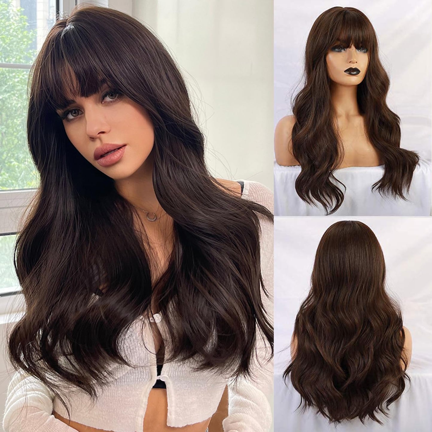 Esmee 24" Long Brown Color Synthetic Natural Wave Wigs with Neat Bangs for White/Black Women Party Wear.