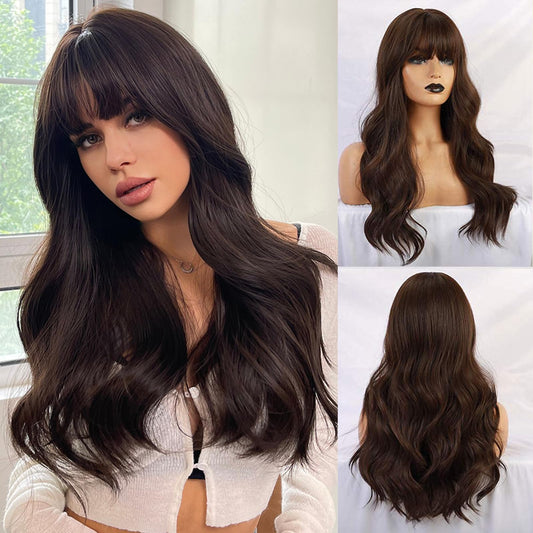 Esmee 24" Long Brown Color Synthetic Natural Wave Wigs with Neat Bangs for White/Black Women Party Wear.