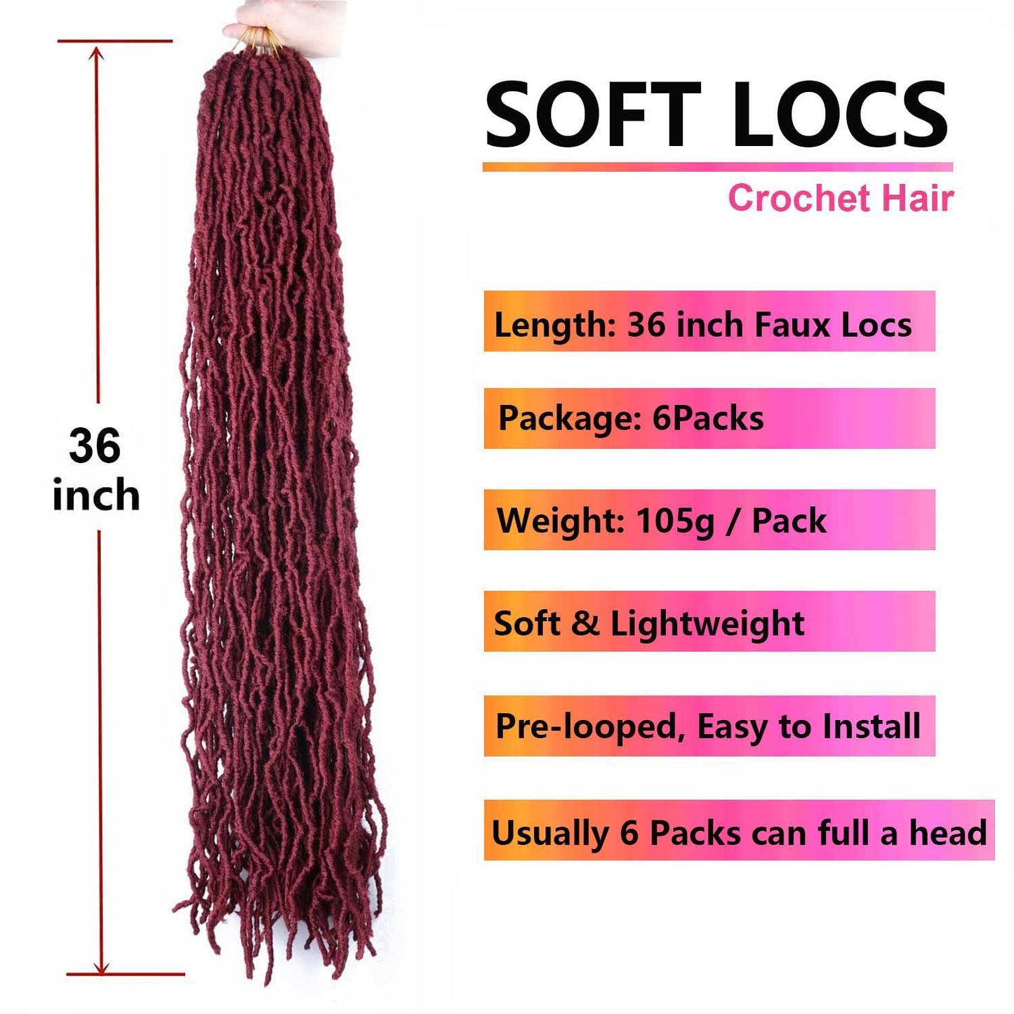 Datuoda 6 Packs 36 Inch Soft Locs Fox Locks Crochet Hair for Black Women Curly Wavy Loc Hair Faux Locs Crochet Braids (36 Inch (Pack of 6), BUG#)