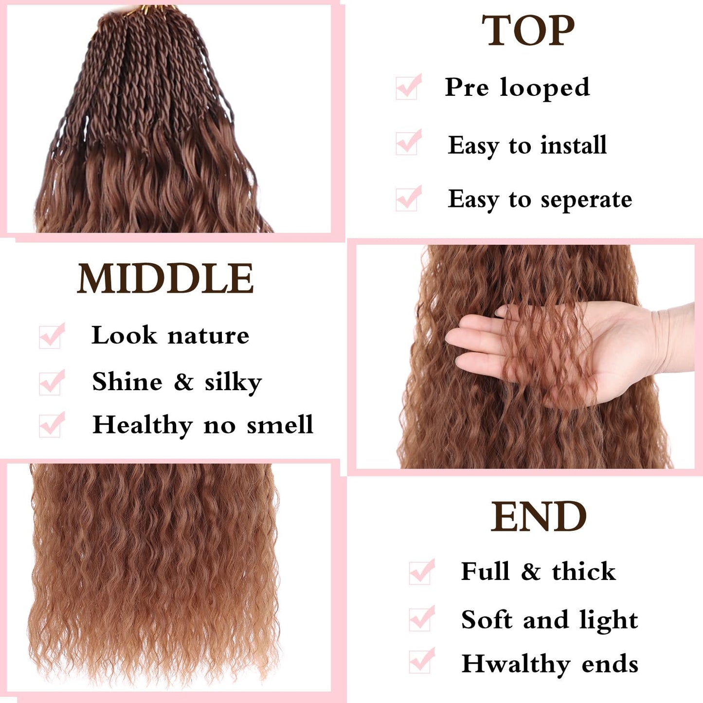 Xtrend Honey Brown Pre Looped Micro Brazilian Kinky Curly Crochet Hair 24 Inch 8 Packs Micro Curly Braiding Hair Extensions Synthetic Deep Wave For Mini Senegalese Twist Hair (30 Strands/Pack, 30#)
