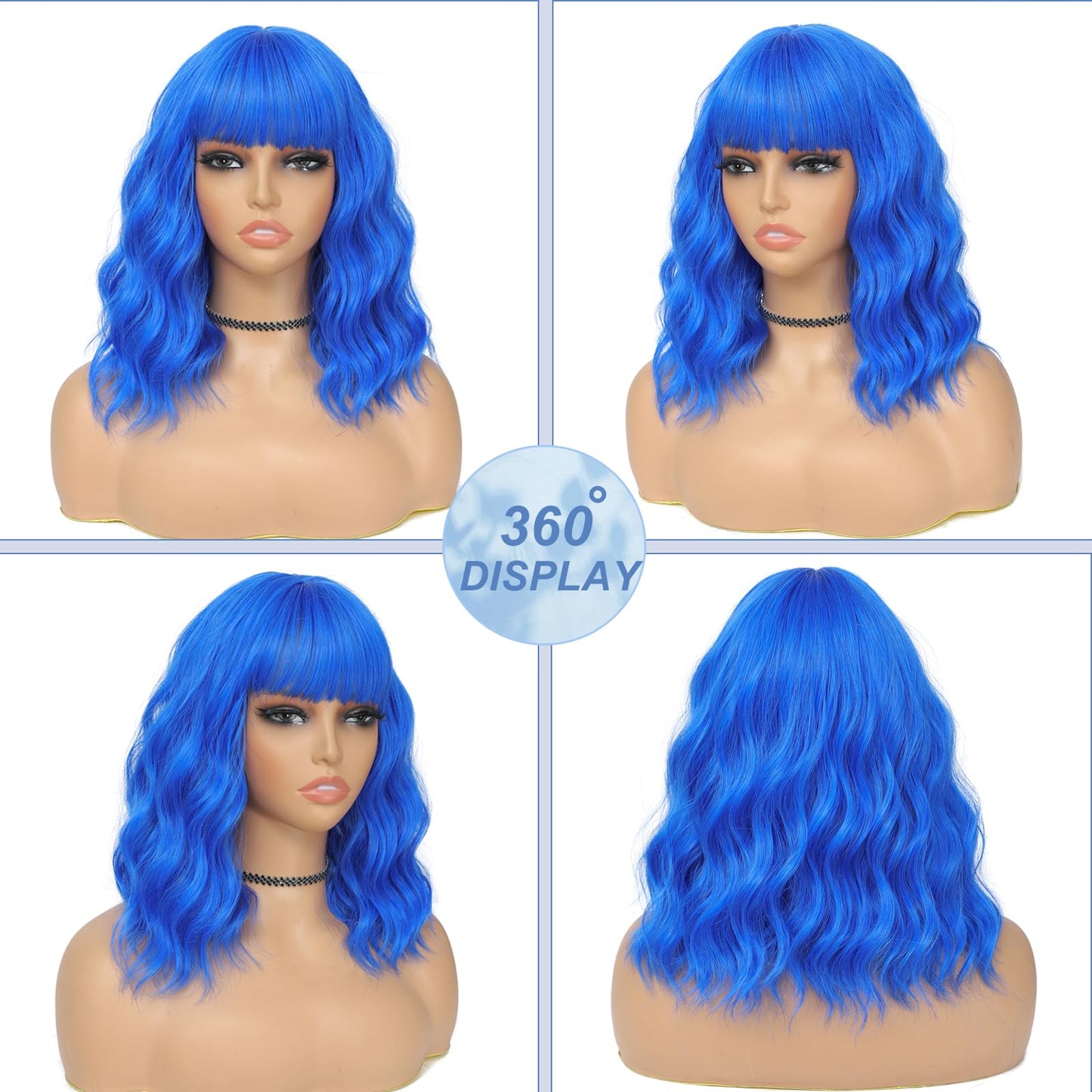 BEAUTIFA Blue Wig with Bangs for Women 14 Inch Shoulder Length Royal Blue Wigs Short Bob Wavy Curly Wig Heat Resistant Synthetic Colorful Wig