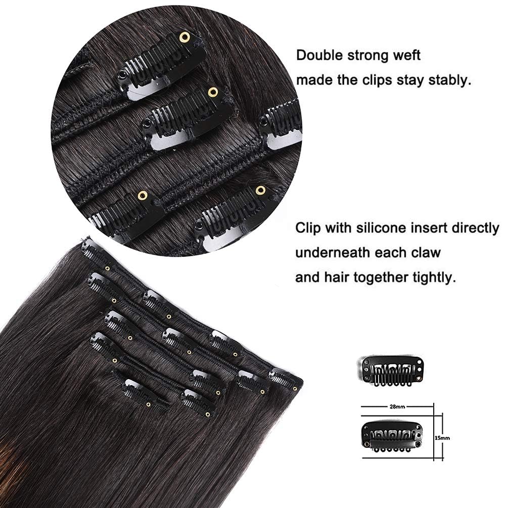 5 Pieces 14" Remy Clip in Hair Extensions Human Hair Natural Black to Chestnut Brown Highlight Black Ombre - Silky Straight Short Thick Real Hair Extensions for Women (14 inches, #(1BT6) P1B, 70grams)