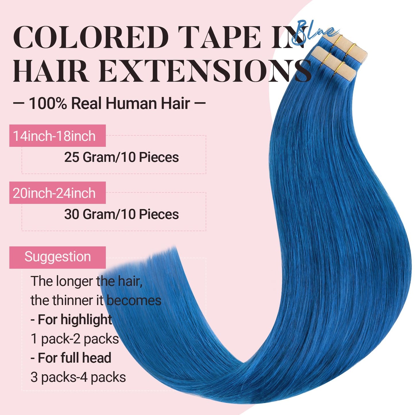 MAXITA Tape in Hair Extensions Human Hair Blue Tape in Extensions 14 Inch 10pcs 25g Remy Invisible Silky Straight Colored Soft Real Human Hair Tape ins Natural Hair Extensions for Women