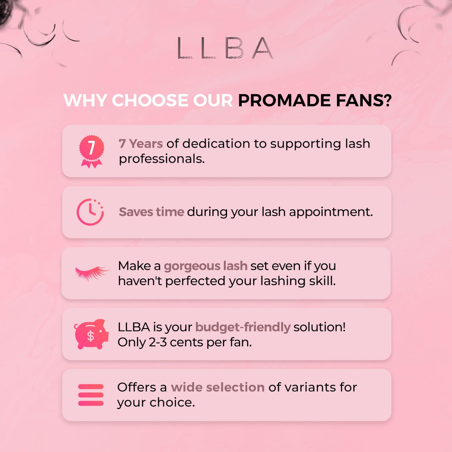 LLBA Promade Fans | Handmade Volume Eyelashes | Multi Selections From 3D To 16D | C CC D DD L M Curl | Thickness 0.03 ~ 0.1 mm | 8 - 20mm Length | Long Lasting | Easy Application (10D-0.03 D 8 mm)