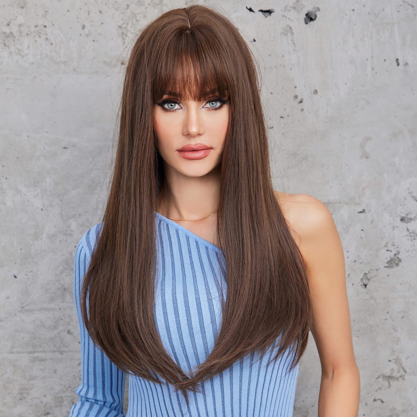EMMOR Brown Wig With Bangs For Women Long Straight Wigs Synthetic For Girls Halloween Party Cosplay And Daily Use(26" Brown)