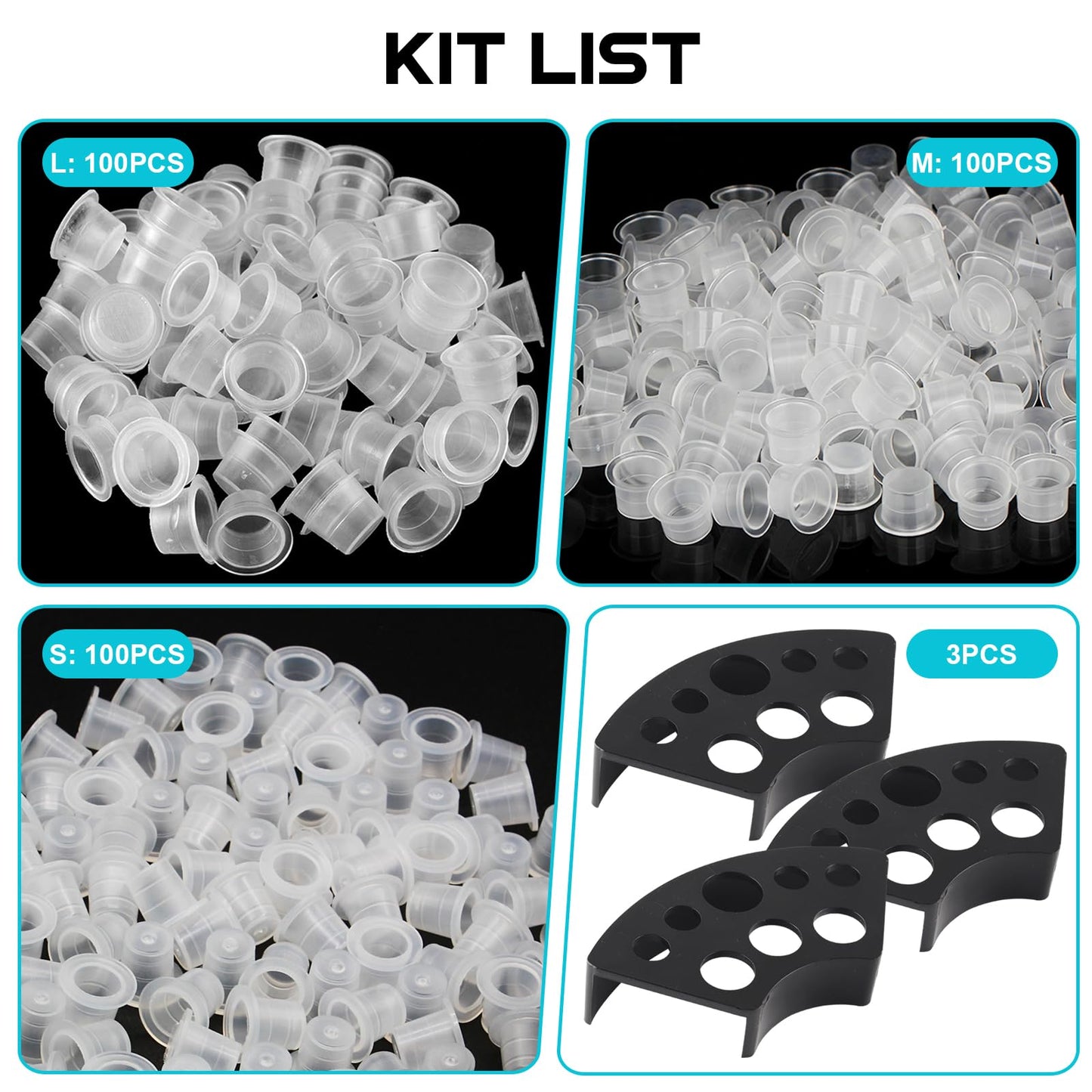 WZPB Tattoo Ink Caps with Cup Holder - 300 Mixed Size Tattoo Ink Cups 100 Small 100 Medium 100 Large with 3 Black Tattoo Ink Cap Holders Permanent Makeup Container for Tattoo Ink Tattoo Supplies