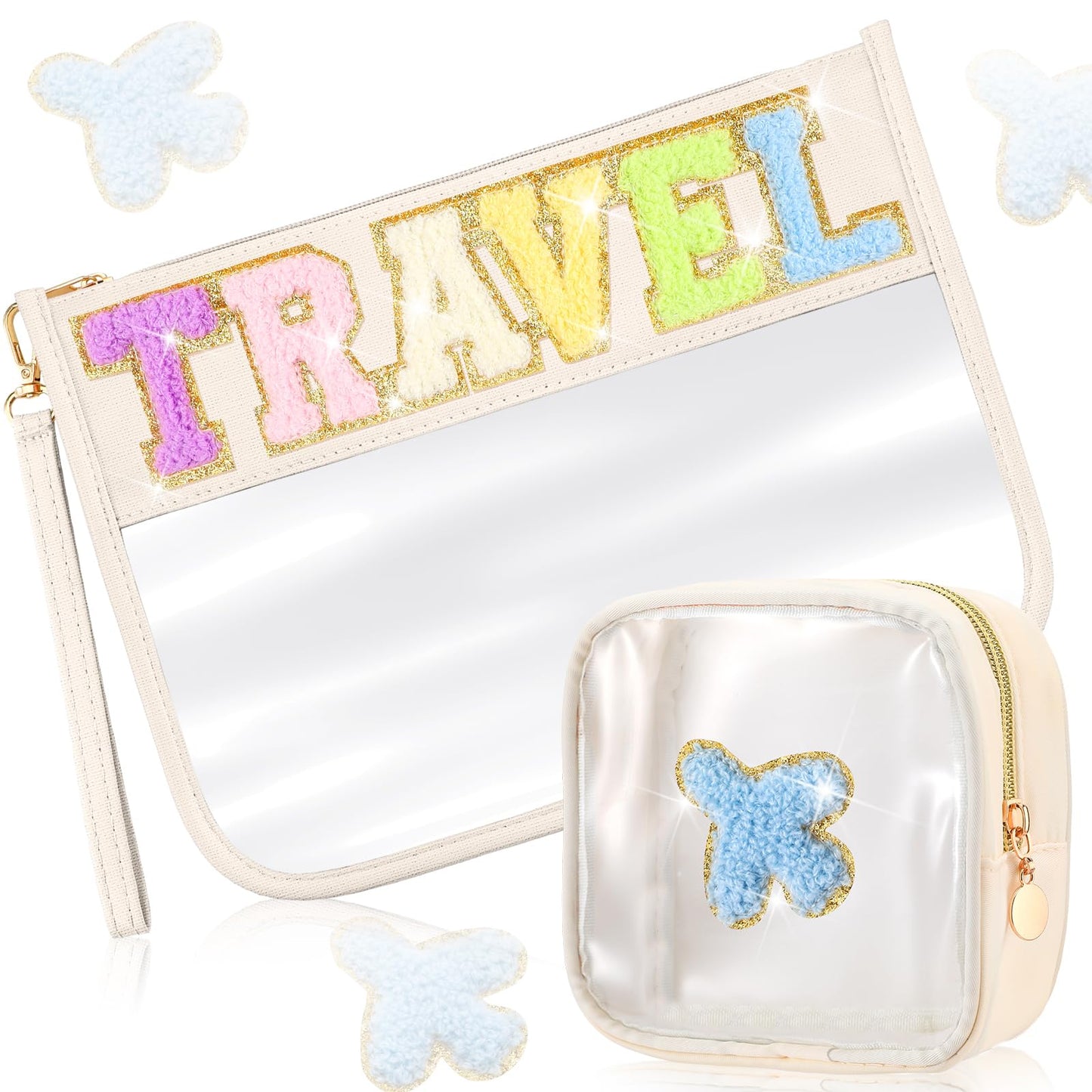 Hillban 2 Pcs Clear Travel Bags Chenille Letter Makeup Cosmetic Toiletry Bags Weekend Gifts Preppy Patch Zipper Pouch for Travel Waterproof Flat Portable Storage Purse for Women