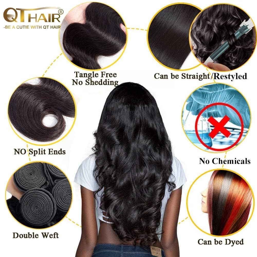QTHAIR Brazilian Body Wave Human Hair Bundles (24" 26" 28", 16A,Natural Black) 100% Unprocessed Brazilian Virgin Hair Body Wave Human Hair Weave for Black Women
