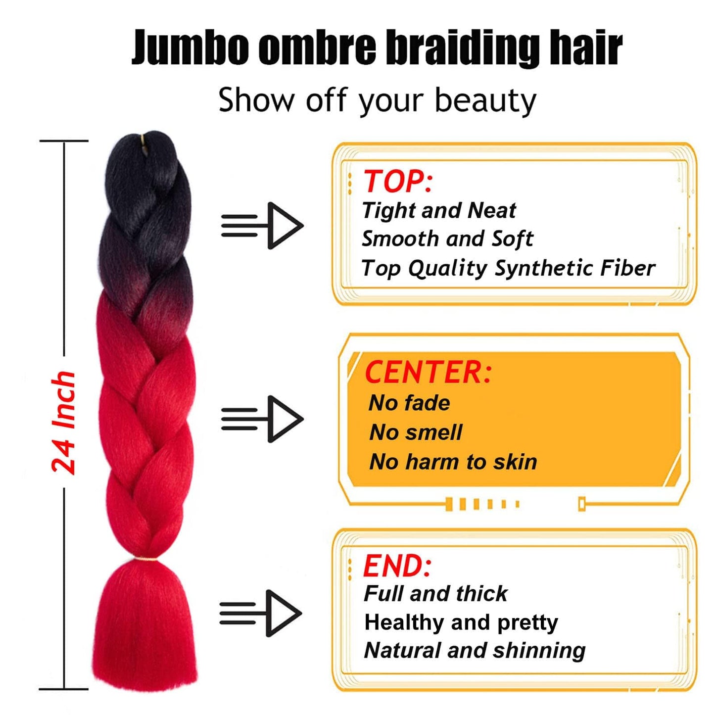 TENGSHUO FLY Black to Red Braiding Hair 3 Packs Synthetic Braid Hair Extensions Jumbo Ombre Braiding Hair 24"or Box Braids Twist Crochet Braids(24"3Pack,Black to Red/B1)