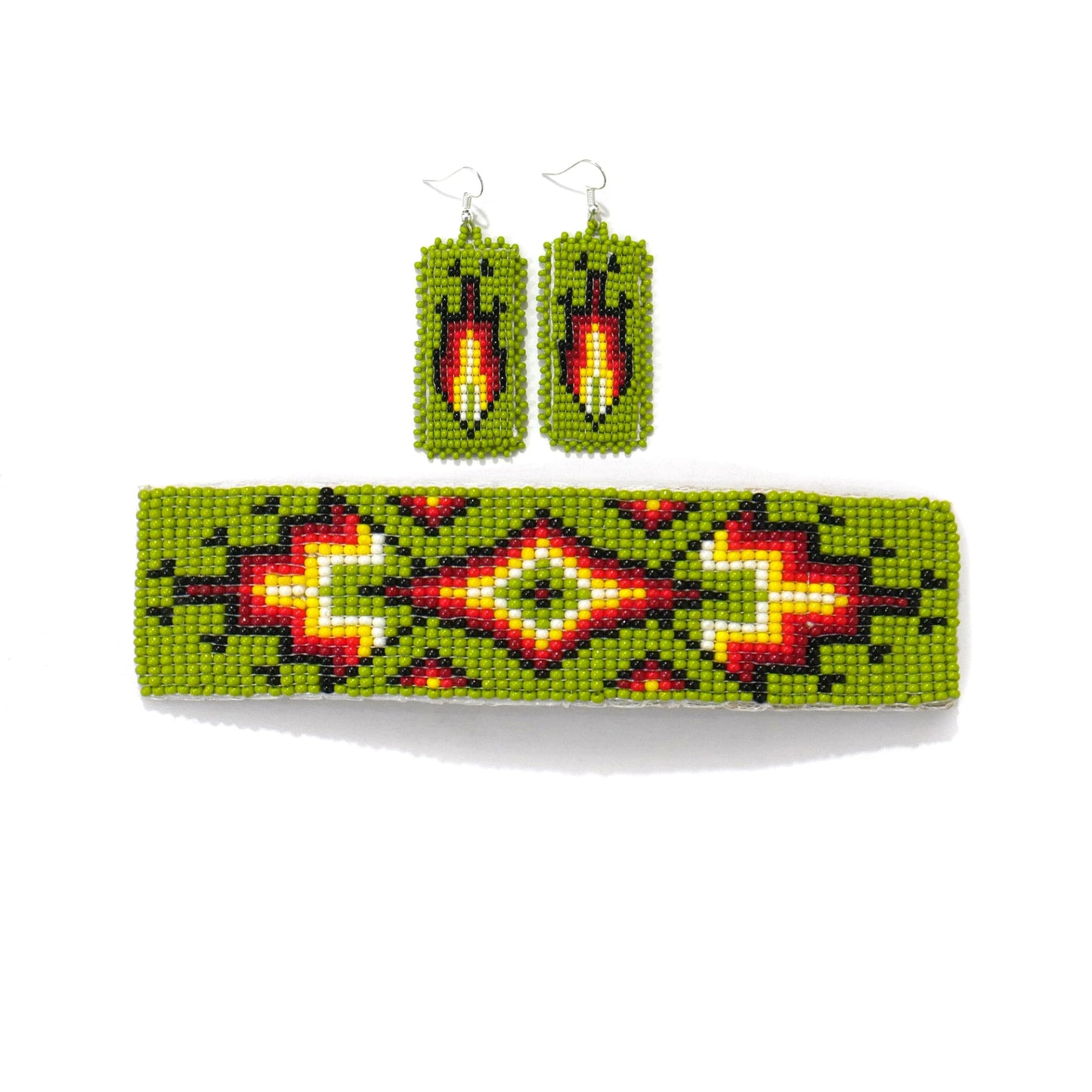 Beaded Hair Clips Native American Style Handmade Collection (Green With Earring)
