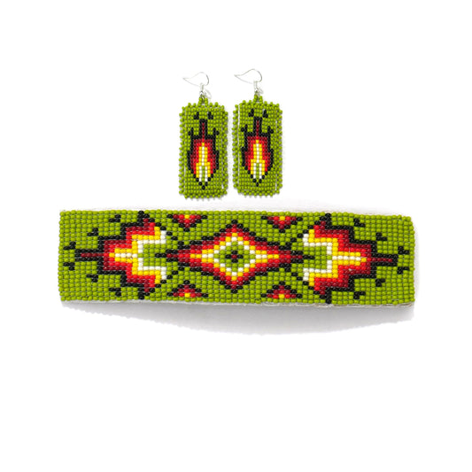 Beaded Hair Clips Native American Style Handmade Collection (Green With Earring)