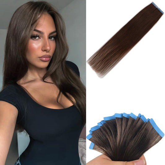 Dark Brown Tape in Hair Extensions Human Hair for Women Invisible Remy Human Hair Extensions Tape in Hair