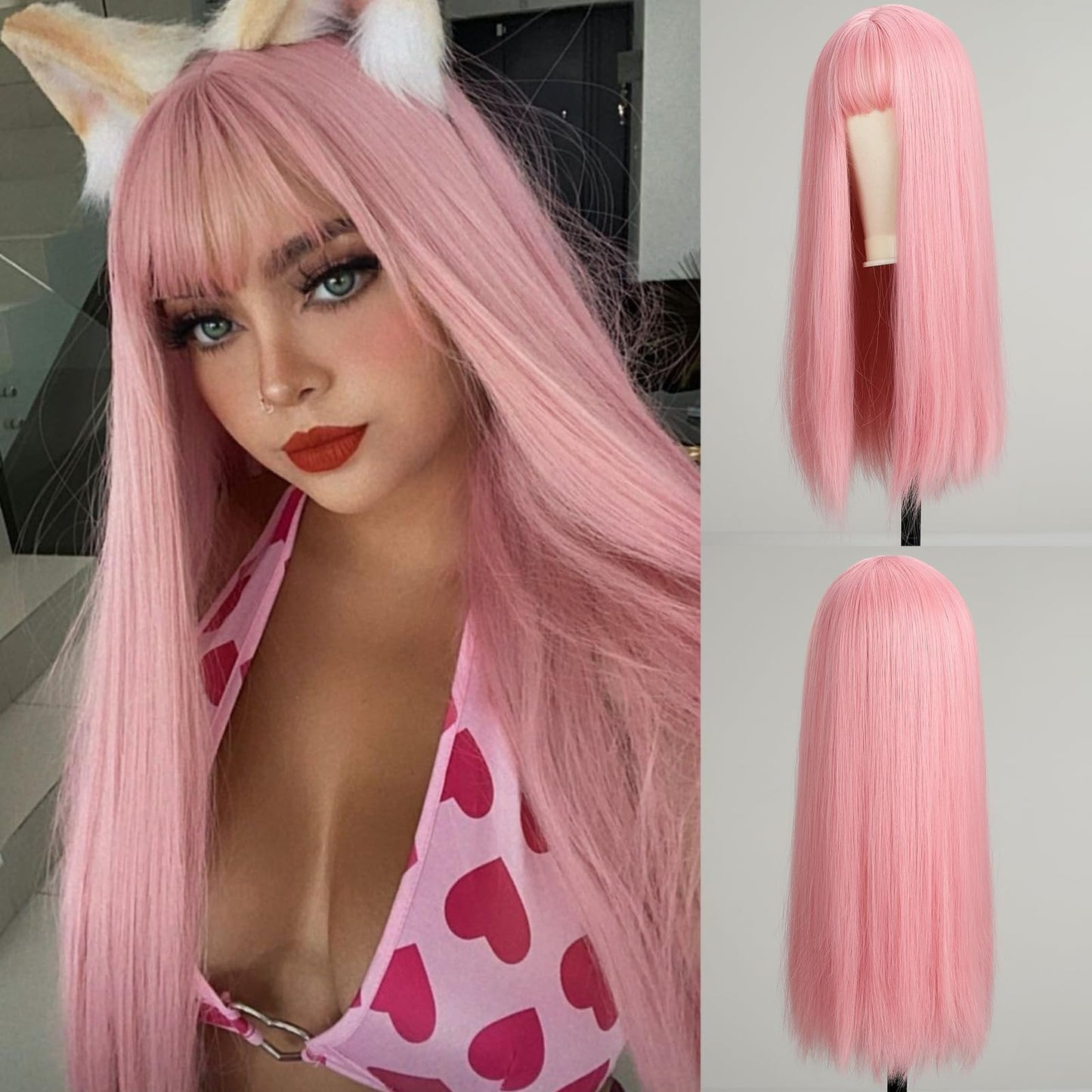 EMMOR Pink Wig With Bangs For Women Long Straight Wigs Synthetic For Girls Party Halloween Cosplay And Daily Use(26" Light Pink)